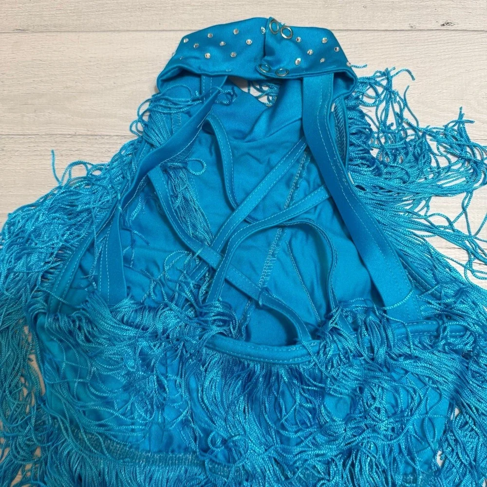 Weissman Dance costume aqua blue sassy fringe dress Spice‎ Up Your Life 14130 MC